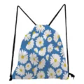 Lässiger Blumenprint Kordelzug Rucksack Damen Stilvoller leichter Stoffbeutel für Schule - Blau mit Weißem Gänseblümchen-Druck (sk5197)