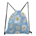 Blümchen Druck Kordelzug Rucksack, lässige Sport Fitness Tasche für Damen und Mädchen. - Blau mit Weißem Gänseblümchen-Druck (sk5200)