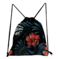 Tropischer Blumen-Print Kordelzug Rucksack lässiger leichter Turnbeutel für Frauen Schüler. - Hibiskus Palmblatt auf Rot (sk5212)