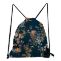 Lockerer Blumen Print Kordelzug Rucksack für Damen, leichter Stoff Sportbeutel Alltag - Retro Botanisches Blumenmuster auf Dunkelblau (sk5213)