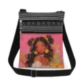 Crossbody bag detail view, black and white striped top, pink girl print pocket, adjustable strap. - Pink Background Single Black Girl Style (xkk0803)