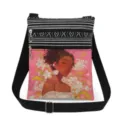 Detail view of the stylish canvas crossbody bag featuring black white stripes and floral print. - Pink Background Floral Girl Style (xkk0804)