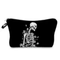 Black cosmetic bag with white rose skeleton print, stylish makeup pouch for daily use. - Black White Line Flower Skull Style (hzk1380)
