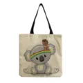 Casual τσάντα shopper από λινό με χαριτωμένο print κόαλα, πρακτική ελαφριά τσάντα ώμου - Κοάλα με Κορδέλα και Φτερά (hm6802)