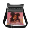 Canvas crossbody bag featuring a stylish Black girl print, double zipper design, and black strap. - Pink Background Casual Print Style (xkk0807)