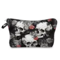 Skull rose pattern makeup bag detail view, showing zip closure and portable design structure. - White Vintage Watercolor Red Rose Skull Style (hzk1383)