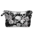 Close-up detail of the gothic skull and rose print cosmetic bag with zipper closure. - White Realistic All Over Skull Rose Style (hzk1385)