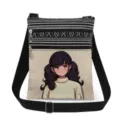 Detail view of the casual canvas crossbody bag featuring anime girl print and striped pattern. - Style 9 (xkk0104)