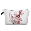 Detailed view of the stylish cosmetic bag featuring a unique pink skeleton and rose print design. - White Pink Artistic Skull Rose Style (hzk1387)