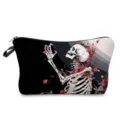 Detail view of gothic skull and red rose print cosmetic pouch with secure zipper and side strap. - Black White Side View Skull Red Rose Style (hzk1388)