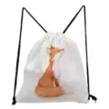 Detailed view of white drawstring backpack with cute watercolor fox illustration and black cords. - Watercolor Fox Illustration Print Style (sk4023)