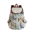 Canvas backpack detail showing cute alpaca pattern, brown straps and convenient side pockets. - Alpaca and Cactus Style (sj307-14)