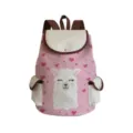 Pink canvas backpack with cute cartoon alpaca print, brown straps and front pockets for use. - Pink Alpaca Style (sj307-16)
