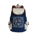 Blue canvas backpack with vintage floral print, brown straps, casual travel school bag. - Blue White Patchwork Circular Print Style (sj3569)