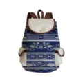 Blue and white porcelain style printed backpack with brown leather trim and multiple pockets for travel. - Classical Blue White Flap Pockets Style (sj3570)