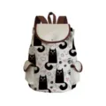 Detailed view of the canvas backpack showing black cat print and brown leather trim. - Cat Style (sj0576)