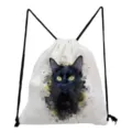 Sac à dos cordon avec imprimé chat noir, sac de sport blanc décontracté pour tous. - Style Chat Noir Réaliste Artistique (sk4027)