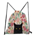 Casual bloemen zwarte kat print trekkoord rugzak voor dagelijks gebruik, stijlvolle tas. - Vintage Bloemen Zwarte Kat Stijl (sk2977)