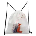 Sac à dos à cordon en toile blanche avec un charmant imprimé de renard pour un usage quotidien. - Style Renard Cartoon Feuilles Rouges (sk4029)