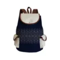 Canvas backpack detail showing deep blue fabric, ethnic geometric pattern, and cream pockets. - Geometric Ethnic Dark Blue Base Style (sj3573)