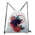 Sac a dos cordon imprime chat mignon toile decontracté etudiant ecole sport sac blanc - Style Chat Noir Floral Papillon (sk4030)