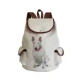 Detailansicht des Canvas Rucksacks mit niedlichem Bullterrier Hundeprint und braunem Leder. - Beige Bullterrier (sj4431)