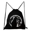 Vue détaillée de l'imprimé chat et lune noir sur le tissu souple de ce sac à cordon. - Style Sac Noir Lune Chat Ciel Étoilé (sk4032)