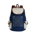 Close-up of the intricate round print and canvas pocket on the stylish travel backpack. - Circular Traditional Symmetrical Print Dark Blue Style (sj3577)