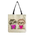 Sac cabas en toile avec imprimé paresseux mignon, sac à main d'épaule décontracté chic. - Deux Paresseux Coeur Beige (hm6882)