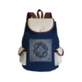 Detailed view of blue canvas backpack with traditional Chinese phoenix pattern and beige pockets. - Classical Chinese Phoenix Fretwork Decorative Style (sj3581)