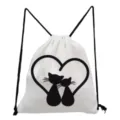 Sac à dos cordon chat mignon toile blanche sac de sport loisir étudiant impression détail - Style Silhouette Chat Noir Cœur (sk4036)