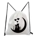 Sac à dos cordon blanc avec impression de chat et de lune mignon, sac de sport. - Style Chat Noir Blanc Lune Cœur (sk4038)
