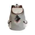 Stylischer Segeltuch Rucksack mit geometrischem Print, Klappe und braunen Schultergurten. - Hellgrauer Körper Beige Klappe Schwarz Rosa Geometrischer Druck Stil (sj5049)