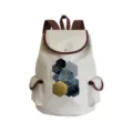 Rucksack Detail mit blau-goldenen geometrischen Sechseck-Mustern und braunen Leder-Besätzen. - Blau Gold Interwoven Geometrisches Polygon Druck Stil (sj5052)