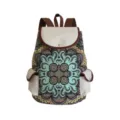 Detailed view of the stylish floral mandala canvas backpack with brown trim and multiple pockets. - Mandala Floral Style (sj4942)