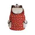 Detailed view of canvas backpack featuring vibrant red floral pattern and brown straps. - Sunflower Style (sj4944)