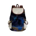 Blauer und beiger Rucksack mit abstraktem Muster, braunen Riemen und Taschen. - Dunkelblau Gold Glitzer Treibsand Abstrakt Druck Stil (sj5057)
