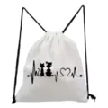 Sac à dos cordon blanc avec motif chat et chien électrocardiogramme pour les étudiants - Style Combinaison ECG Chat Chien (sk4049)