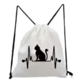 Sac à dos cordon en toile blanche imprimé chat mignon, sac de sport décontracté. - Style Combinaison ECG Chat Noir Cœur (sk4050)