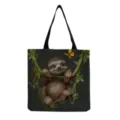 Détail du sac cabas en toile avec imprimé paresseux mignon, sac à main fourre-tout tendance. - Vignes Papillon Noir (hm6895)