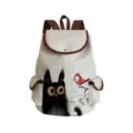 Sac à dos en toile avec imprimé artistique de chat noir et oiseau rouge et finitions en cuir. - Style Illustration Art Chat Noir et Oiseau (sj5143)