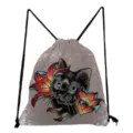 Sac a dos cordon chat noir et lys imprime, sac de sport tendance et decontracte. - Style Tatouage Américain Chat Noir Lotus (sk4054)