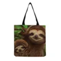 Sac cabas en toile imprimé paresseux mignon, sac à main épaule décontracté poignées noires. - Peinture à l'Huile Beige (hm6901)