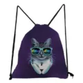 Sac à dos à cordon imprimé chat violet sac de sport décontracté joli motif animal école - Style Chat Cool Lunettes Écouteurs (sk4056)