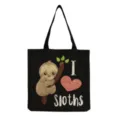 Sac cabas en toile avec imprimé paresseux mignon, sac bandoulière noir décontracté. - Coeur Rouge Mignon Noir (hm6913)