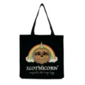 Sac cabas en toile noire avec imprimé paresseux licorne mignon, sac à épaule décontracté. - Noir Slothicorn (hm6915)
