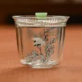 Tasse à thé en verre transparent de style chinois avec couvercle, motif pin et grue. - Série pin et grue - Gaiwan à double paroi