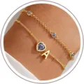 Double layer gold color bracelet with heart purple zirconia and letter A charm chic jewelry. - June Heart Style A / Gold