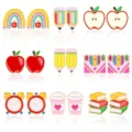 Cute cartoon enamel stud earrings set featuring apple rainbow pencil designs for women girls. - Back to School Cartoon Pencil Set (Style 7)