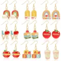 Cute teacher themed enamel dangle earrings set, colorful pencil apple book jewelry for women. - Teacher's Day Book Coffee Set (Style 16)